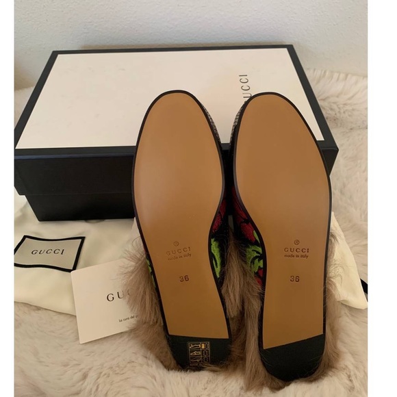 New Gucci Princetown fur Tapestry Brocade Fur Floral slippers flats - Picture 7 of 11